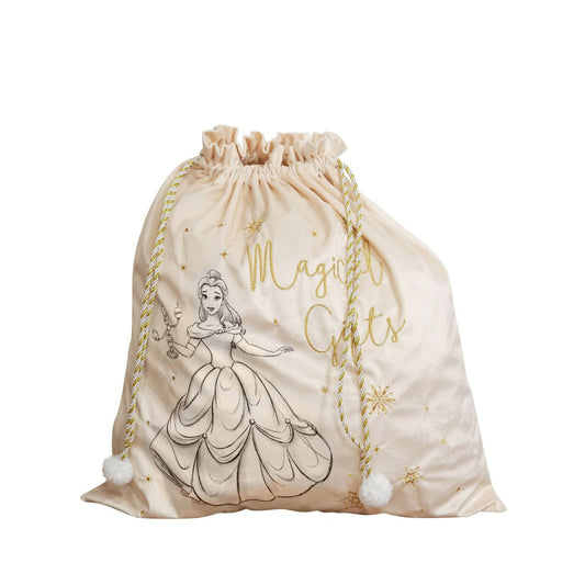 Give Santa the perfect place to leave those gifts with this beautiful cream velveteen Beauty &amp; The Beast gift sack with gold embroidery. From Disney Classic Collectables - luxurious collectable gifts for the enduring Disney fan.