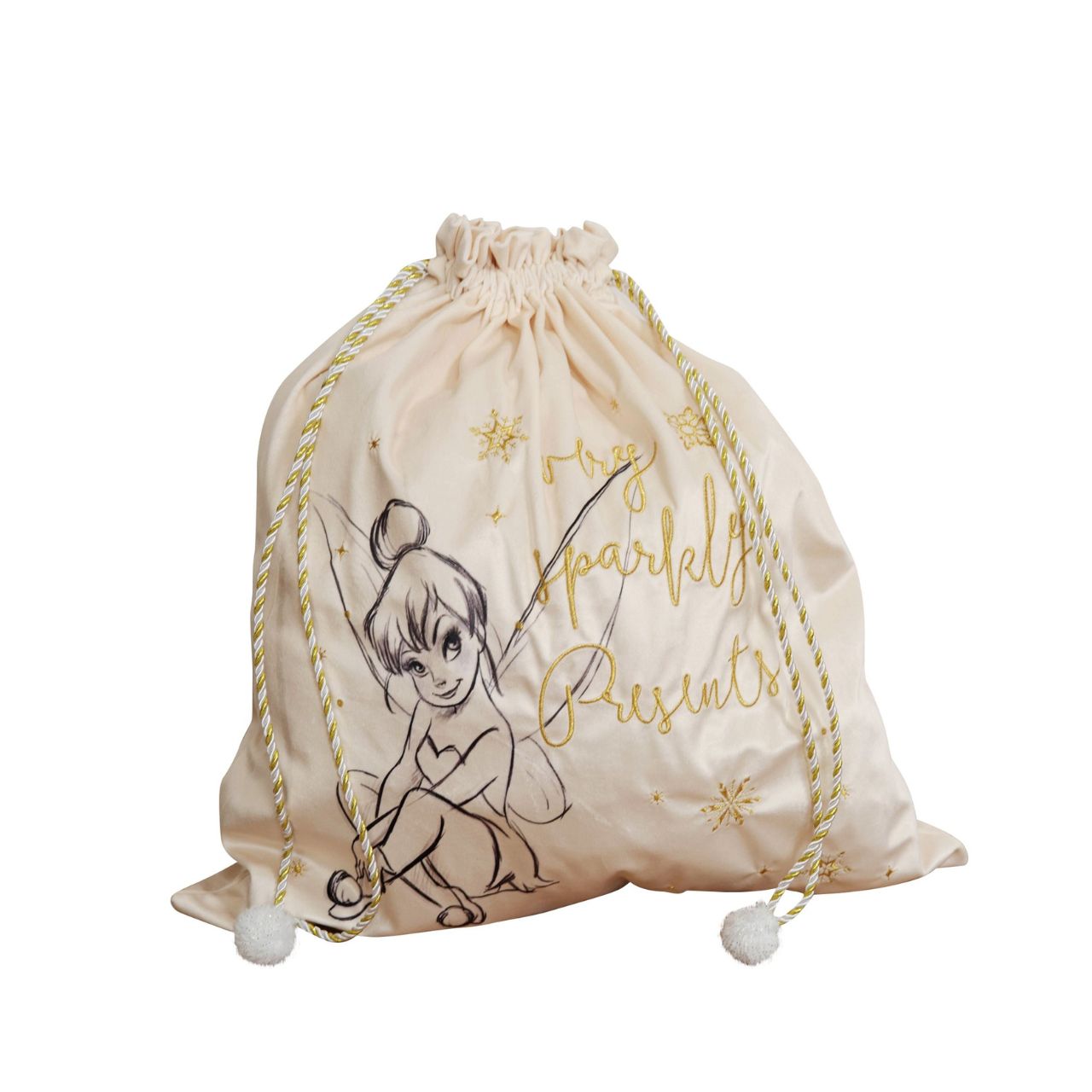 Give Santa the perfect place to leave those gifts with this beautiful cream velveteen Peter Pan gift sack with gold embroidery. From Disney Classic Collectables - luxurious collectable gifts for the enduring Disney fan.