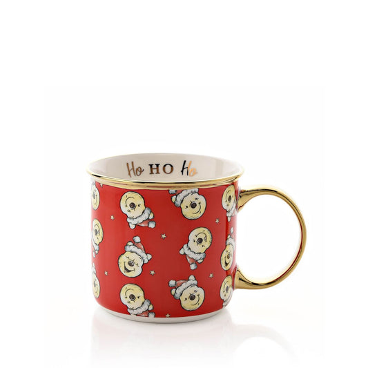 Disney Winnie Christmas Pattern Mug  This Winnie the Pooh mug would make a cute and festive gift option this Christmas. Perfect for a cosy hot chocolate by the fireplace on Christmas Eve, this mug features a repeated festive pattern, and a gold electroplated rim and handle.