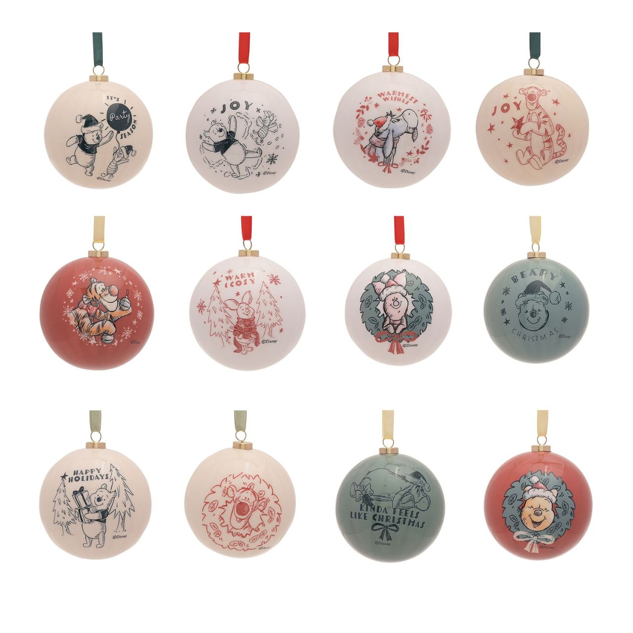 Disney Winnie the Pooh Set of 12 Christmas Baubles  A set of 12 Winnie the Pooh baubles by DISNEY.  These fun-filled decorations will hang proudly and brightly from the Christmas tree throughout December.