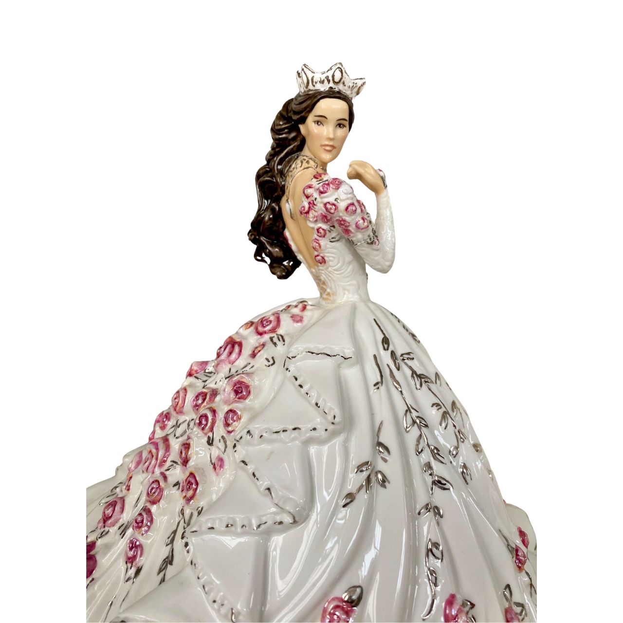 English Ladies Company Gypsy Rose Brunette  Thelma Madine’s stunning gown is recreated in this elegant bone china figurine.  Floral details spill down the back of the dress and across the shoulders; with real platinum highlights adding the finishing touches.