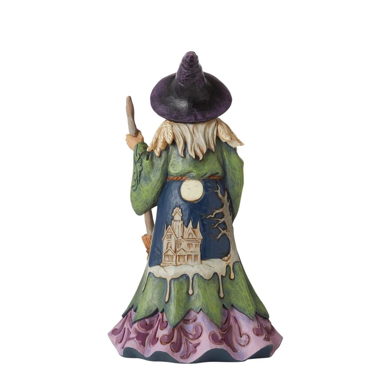 Heartwood Creek Evil Witch Figurine by Jim Shore  Handcrafted in breath-taking detail, this beautiful Evil Witch Figurine is beautifully decorated in Jim Shore's subtle combination of traditional quilt. This witch is a haughty harbinger of Halloween| She wears a ghoulish green gown fitted with a dripping haunted house scene. 