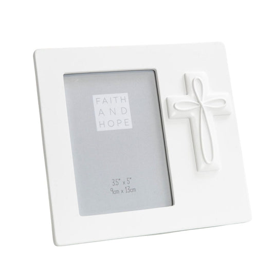 Faith & Hope White Resin Cross Frame 3.5" x 5"  Preserve a precious memory from a special religious occasion with this beautiful moulded white crucifix photo frame.