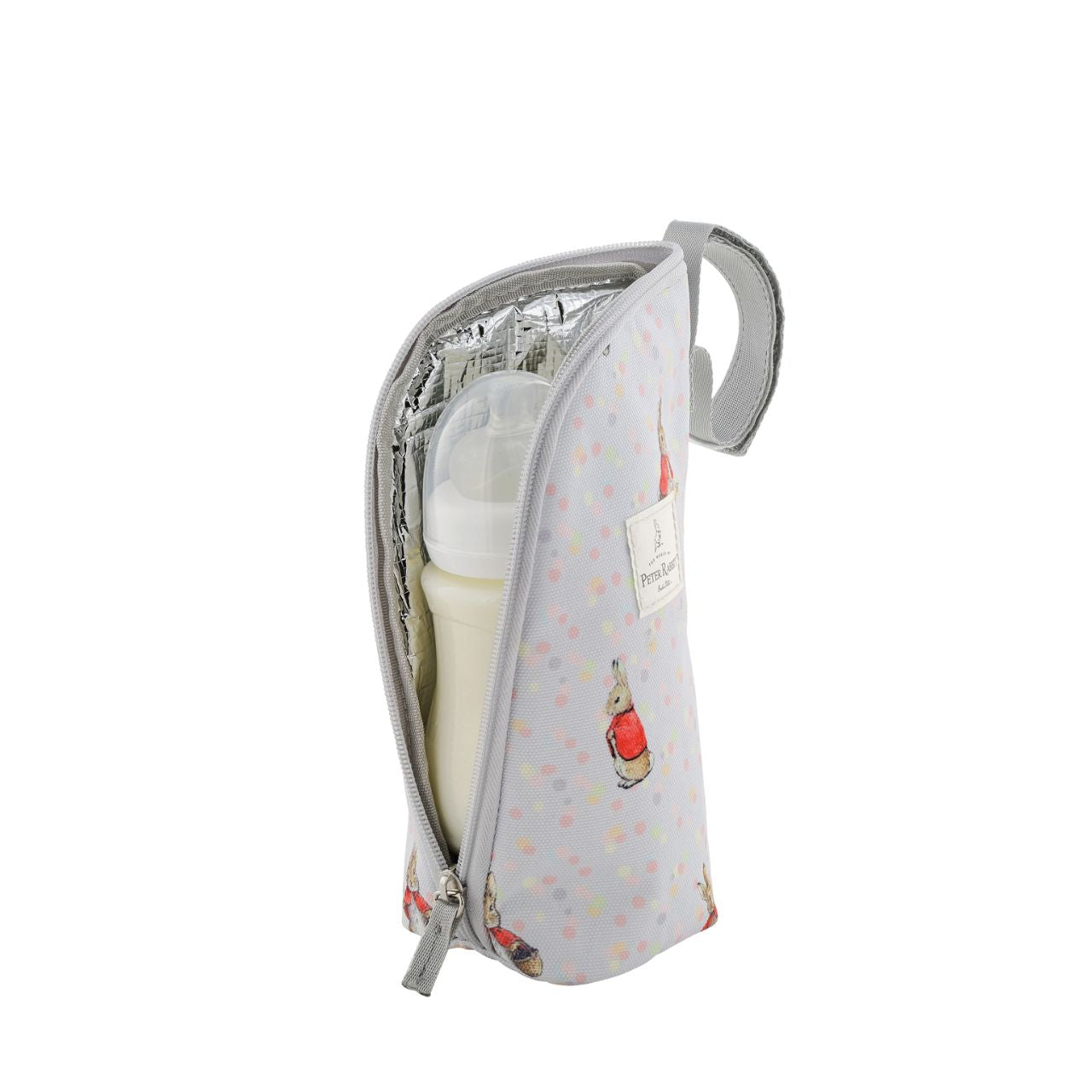 Our portable classic Flopsy insulated bottle bag makes feeding on the go easy. Can be used to keep bottles hot or cold so ideal for your hungry little rabbit. The adorable design ensures it fits perfectly on your wrist, pram, or bag.