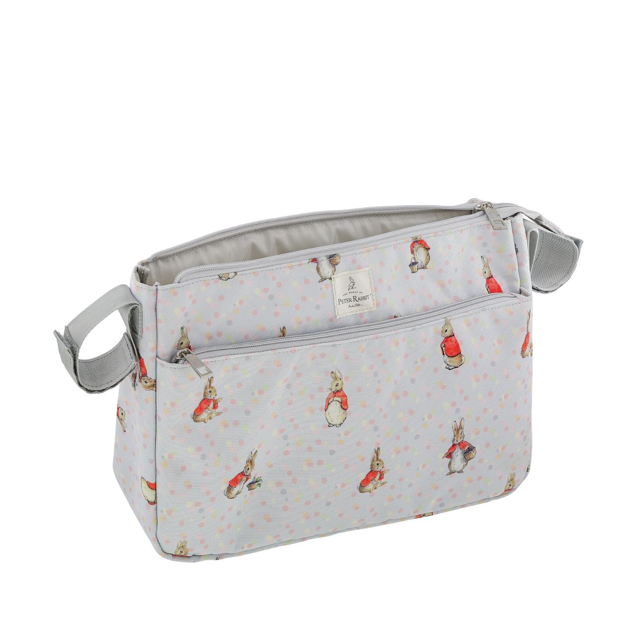 This Flopsy pram organiser will keep all your essentials and valuables close at hand when you are out and about with your little one. This functional and fashionable bag easily attaches to your pram with the Velcro side straps - perfect for quick trips out and about. Featuring Flopsy on an easily wipe-down PU fabric, off-set against pastel splashes of colour on a cool grey background makes this the perfect baby shower gift for any parents-to-be.