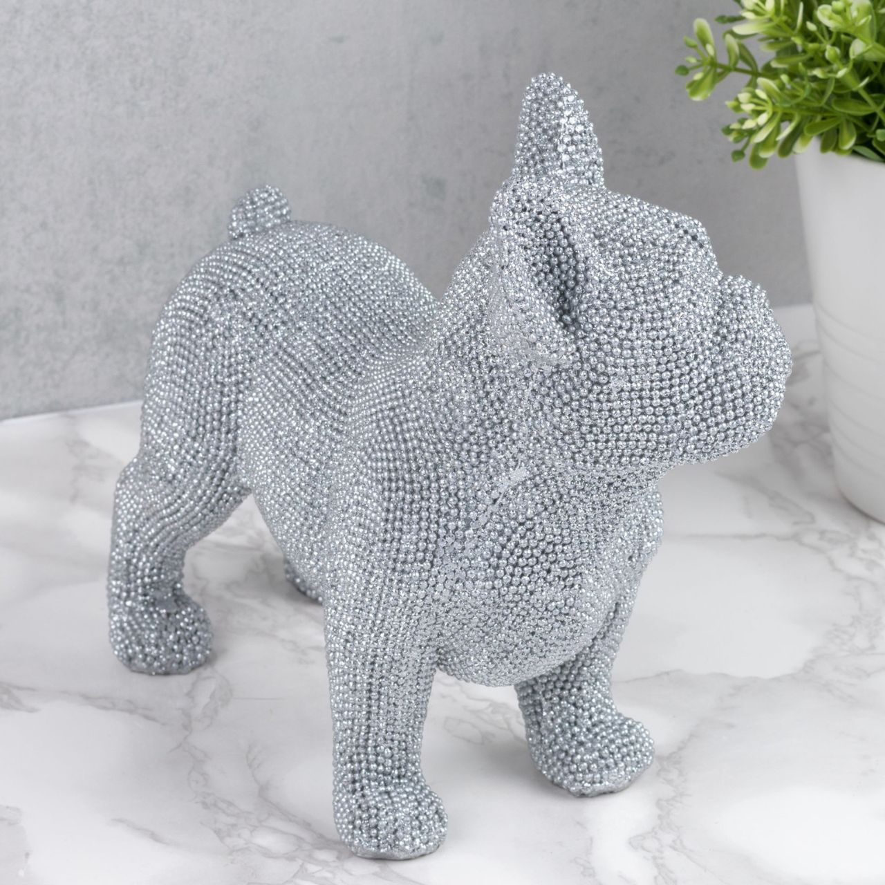 Bring a touch of glitz and glamour to the living space with this diamante look silver Bulldog ornament. From the Silver Luxe collection by HESTIA - unparalleled glamour, style and elegance in contemporary home and gift.