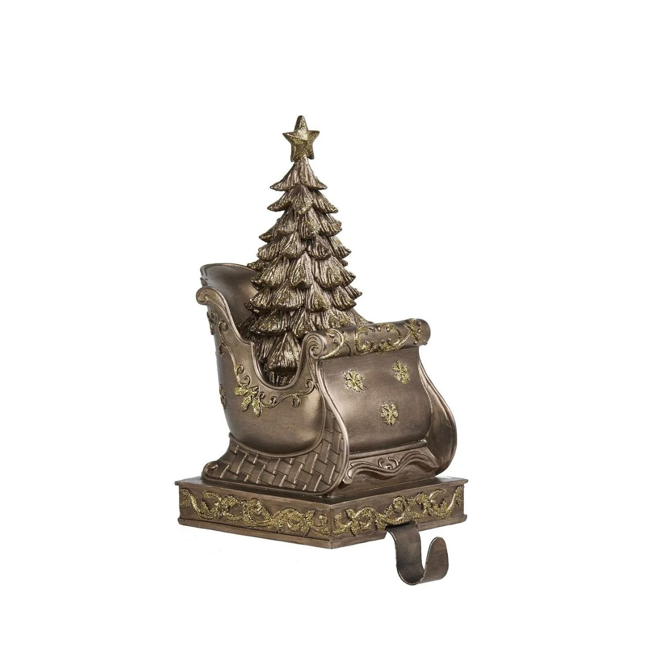 Elevate your holiday décor with our Genesis Christmas Stocking Holder. Crafted with meticulous attention to detail, this elegant piece features Santa's sleigh with a beautifully adorned Christmas tree emerging from its cargo.