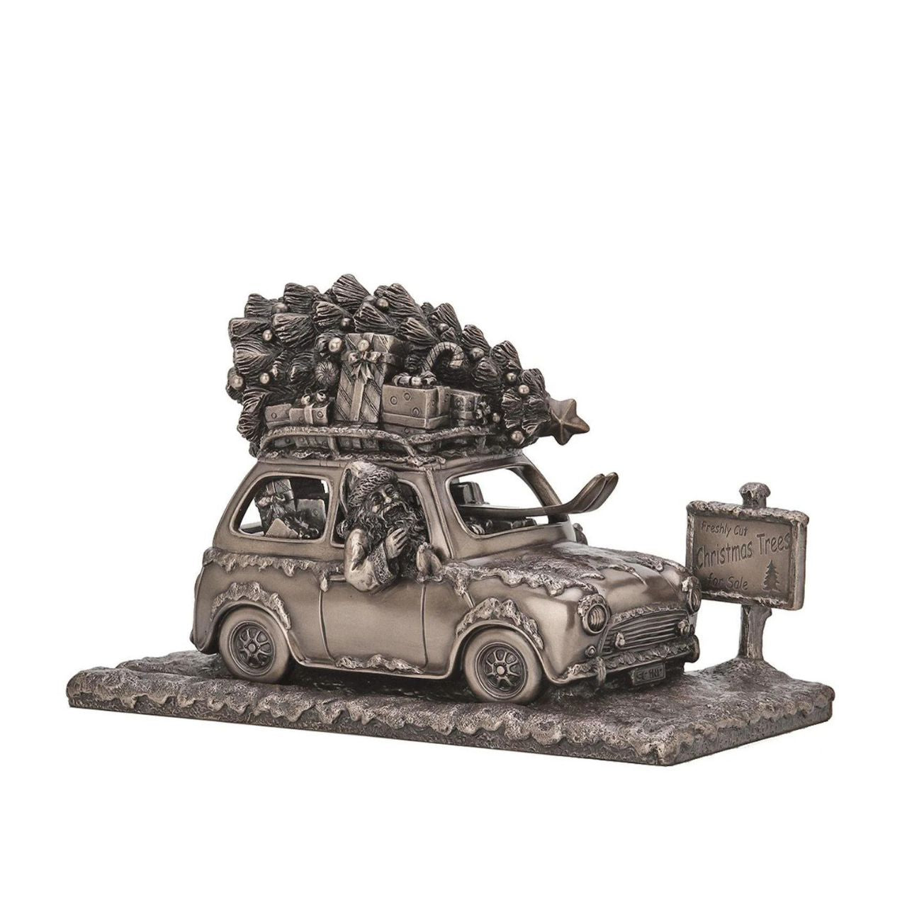 A stunning ornament that is sure to bring festive cheer to your home. This sculpture depicts a Santa driving a car to the north pole with a Christmas tree on the roof.