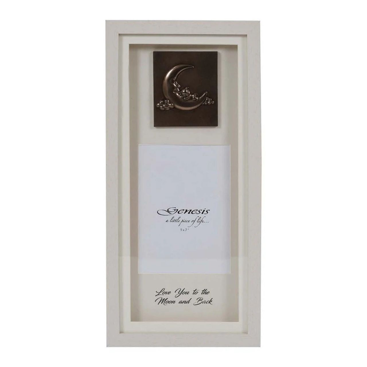 A gorgeous faux blond wood frame, showcasing a baby bear sleeping on the moon in cast bronze with a space for a 5 x 7'' photo and the inscription, "Love You to the Moon and Back" at the bottom of the frame.