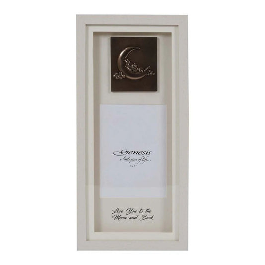 A gorgeous faux blond wood frame, showcasing a baby bear sleeping on the moon in cast bronze with a space for a 5 x 7'' photo and the inscription, "Love You to the Moon and Back" at the bottom of the frame.