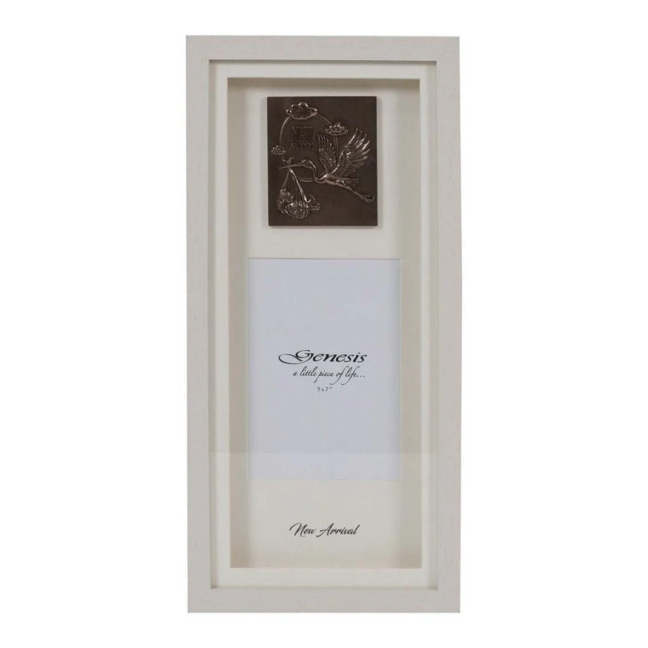 A gorgeous faux blond wood frame, showcasing the stork's arrival in cast bronze with a space for a 5 x 7'' photo and the inscription, "New Arrival" at the bottom of the frame.