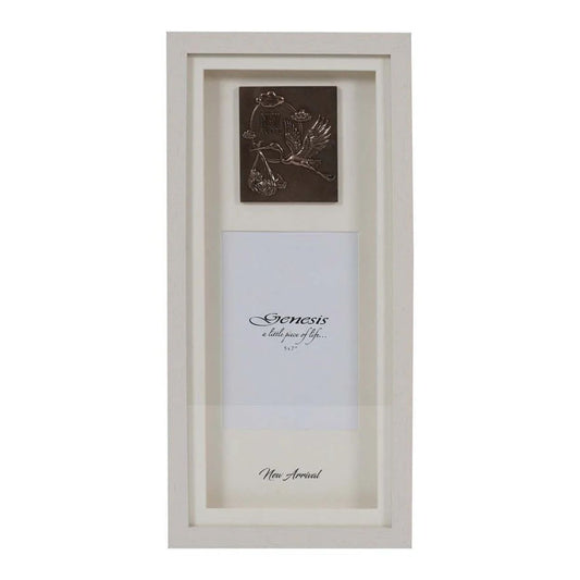 A gorgeous faux blond wood frame, showcasing the stork's arrival in cast bronze with a space for a 5 x 7'' photo and the inscription, "New Arrival" at the bottom of the frame.