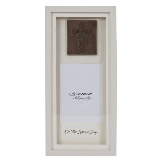 The perfect First Holy Communion, Christening or Confirmation gift by Genesis Ireland
A gorgeous faux blond wood frame, showcasing a Holy Cross in cast bronze with a space for a 5 x 7'' photo and the inscription, "On This Special Day" at the bottom of the frame.