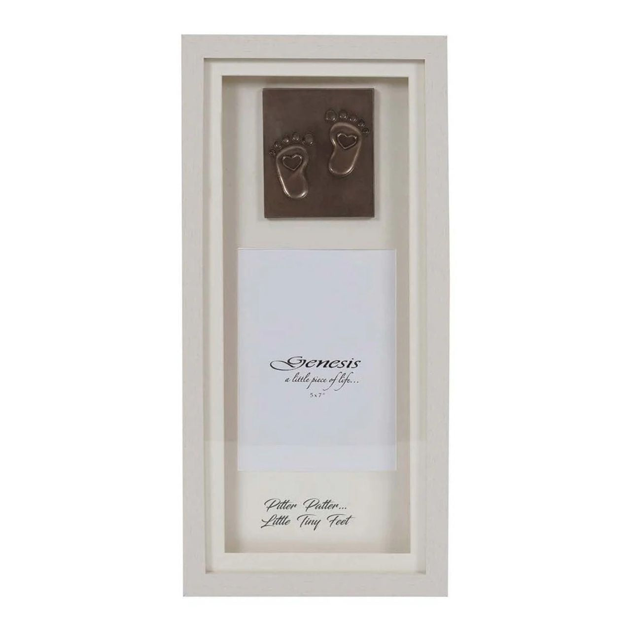 A gorgeous faux blond wood frame, showcasing tiny little feet in cast bronze with a space for a 5 x 7'' photo and the inscription, "Pitter Patter... Little Tiny Feet" at the bottom of the frame.