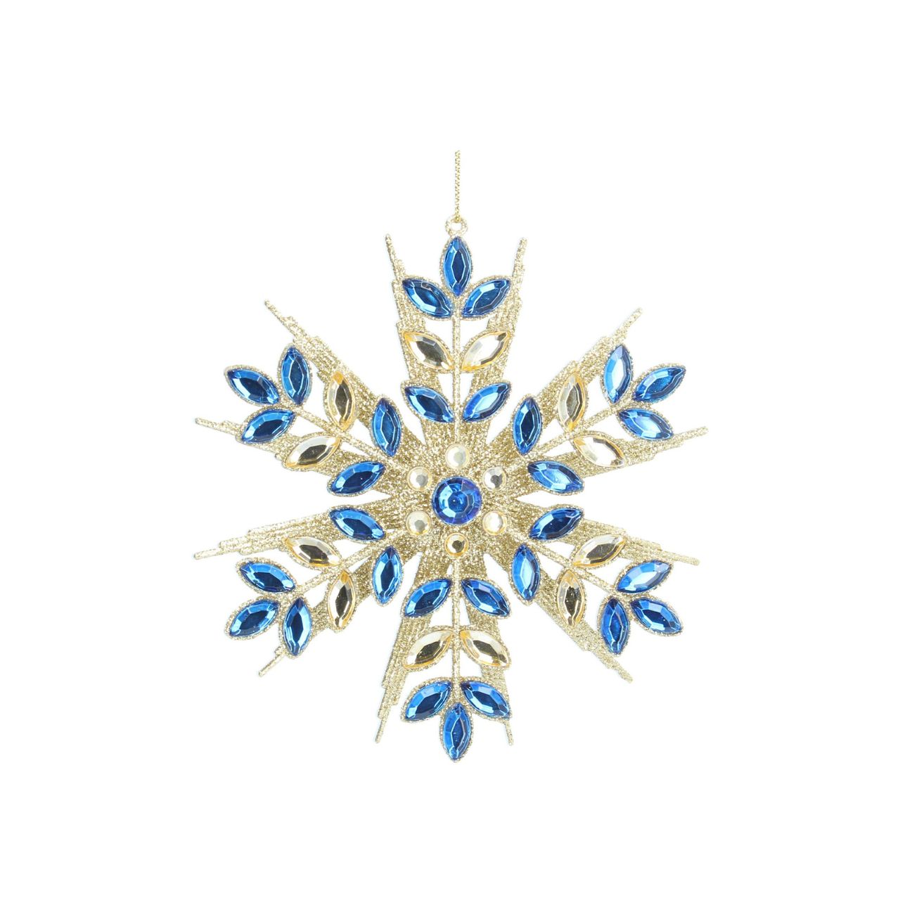 Gisela Graham Gold & Blue Diamante Snowflake Christmas Hanging Ornament  This Gold & Blue Diamante Snowflake Hanging Ornament from Gisela Graham will give your Christmas decorations a classic, timeless look. The ornate snowflake features blue and gold diamantes, adding a shimmering sparkle to your tree. Perfect for any holiday décor.