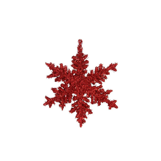 A red tinsel sparkle snowflake hanging decoration