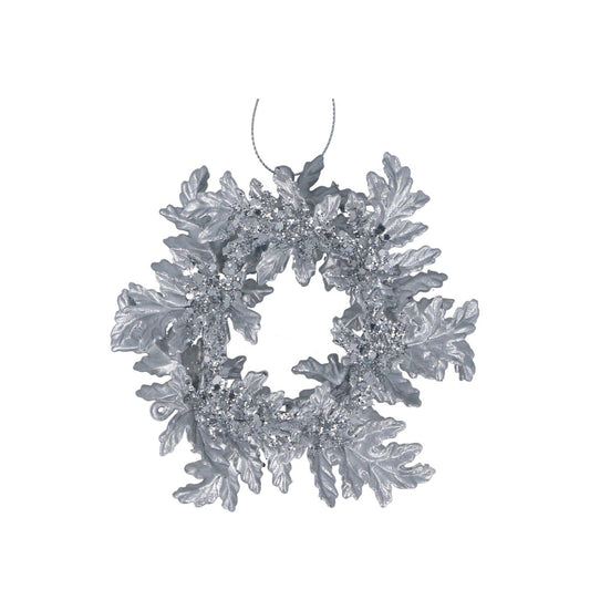 Gisela Graham Silver Glitter Leaf Wreath Christmas Hanging Ornament  This Silver Glitter Leaf Wreath Ornament is the perfect decoration for your holiday festivities. Crafted by Gisela Graham using sparkling silver glitter, this piece offers an elegant touch to your holiday decor. Hang it from your tree to add a touch of glitz and glam to your holiday celebrations.