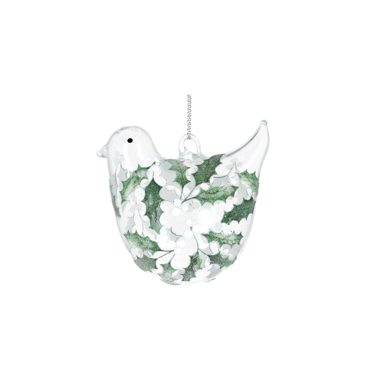 Gisela Graham Clear Glass Bird With Mistletoe/Holly Christmas Hanging Ornament  This beautiful Gisela Graham glass bird with mistletoe Christmas Hanging Ornament is perfect for completing your holiday décor. Crafted with clear glass, the ornament features a delicate holly design with shimmering accents. Hang this stunning ornament and add a touch of elegance to your holiday tree.