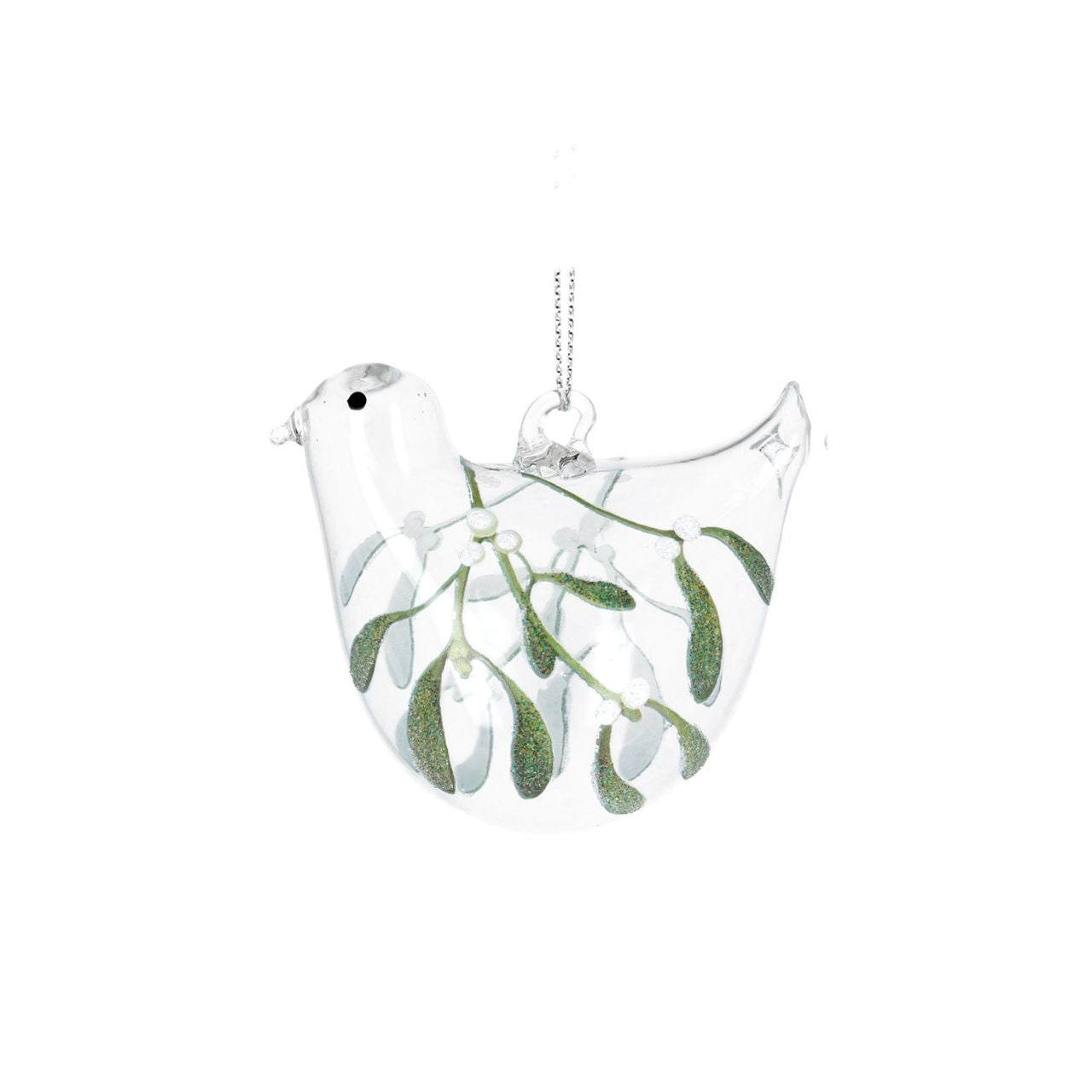 Gisela Graham Clear Glass Bird With Mistletoe/Holly Christmas Hanging Ornament  This beautiful Gisela Graham glass bird with mistletoe Christmas Hanging Ornament is perfect for completing your holiday décor. Crafted with clear glass, the ornament features a delicate holly design with shimmering accents. Hang this stunning ornament and add a touch of elegance to your holiday tree.