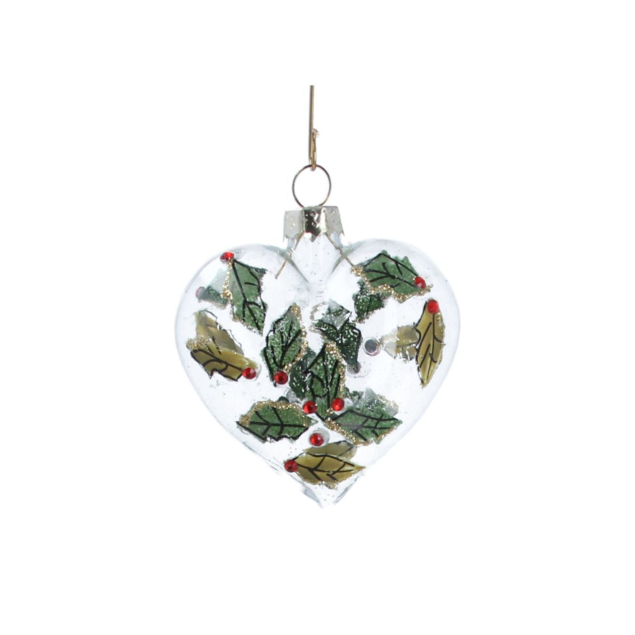 Gisela Graham Clear Glass Heart With Diamante Holly Christmas Hanging Ornament  This stylish holiday ornament is made of clear glass and adorned with elegant diamante holly. Perfect for hanging on your tree, this beautiful glass heart decoration will bring a chic festive touch to your home.