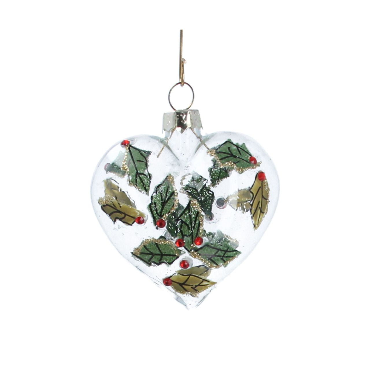 Gisela Graham Clear Glass Heart With Diamante Holly Christmas Hanging Ornament  This stylish holiday ornament is made of clear glass and adorned with elegant diamante holly. Perfect for hanging on your tree, this beautiful glass heart decoration will bring a chic festive touch to your home.