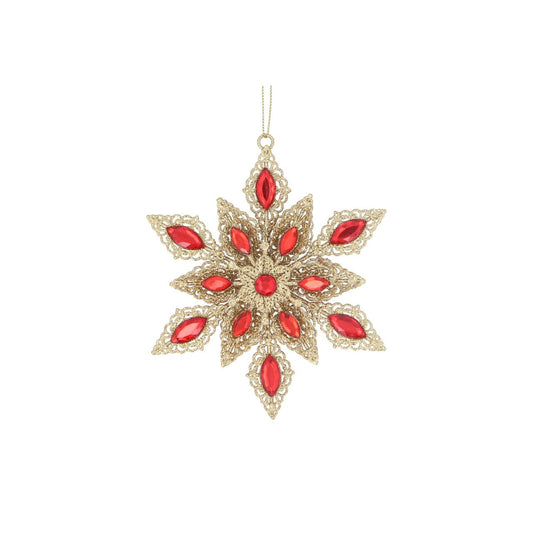 Expertly crafted by Gisela Graham, this Gold Filigree Snowflake Ornament features intricate designs and sparkling red jewels. Add a touch of elegance to your Christmas décor with this beautiful hanging ornament. Perfect for adding a festive touch to your tree or for gifting to loved ones.