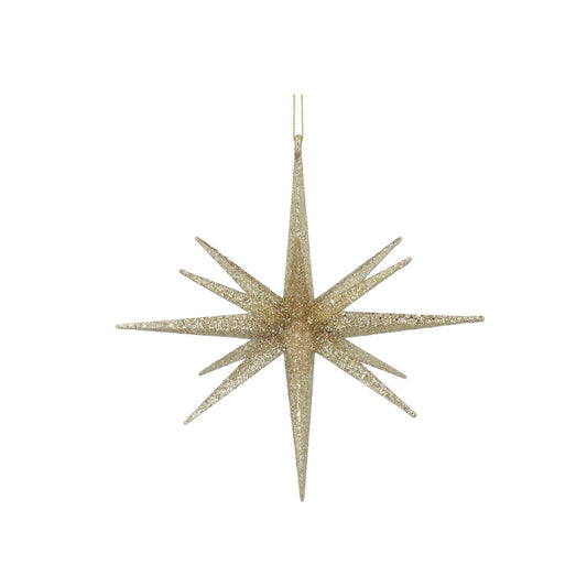 Gisela Graham Gold Glitter Bethlehem Star Christmas Hanging Ornament adds a festive sparkle to your holiday tree. This stylish ornament features a beautifully crafted star shape with a sparkly glitter finish that will add a magical touch to your decorations. Designed with long-lasting materials, it is sure to become a treasured addition each year.