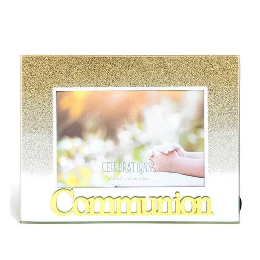 Communion Gold Glitter Glass Frame 5" x 3.5"  Give a precious photo pride of place with this gold glitter and mirror glass photo frame with gold acrylic 3D title. - the ultimate one stop shop for gifts for any occasion.