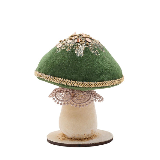 Transcend the ordinary this festive period with this Green Velvet Mushroom Decoration. This eye-catching decoration features a vibrant green cap accented by dazzling gold sequins that sparkle in the light.