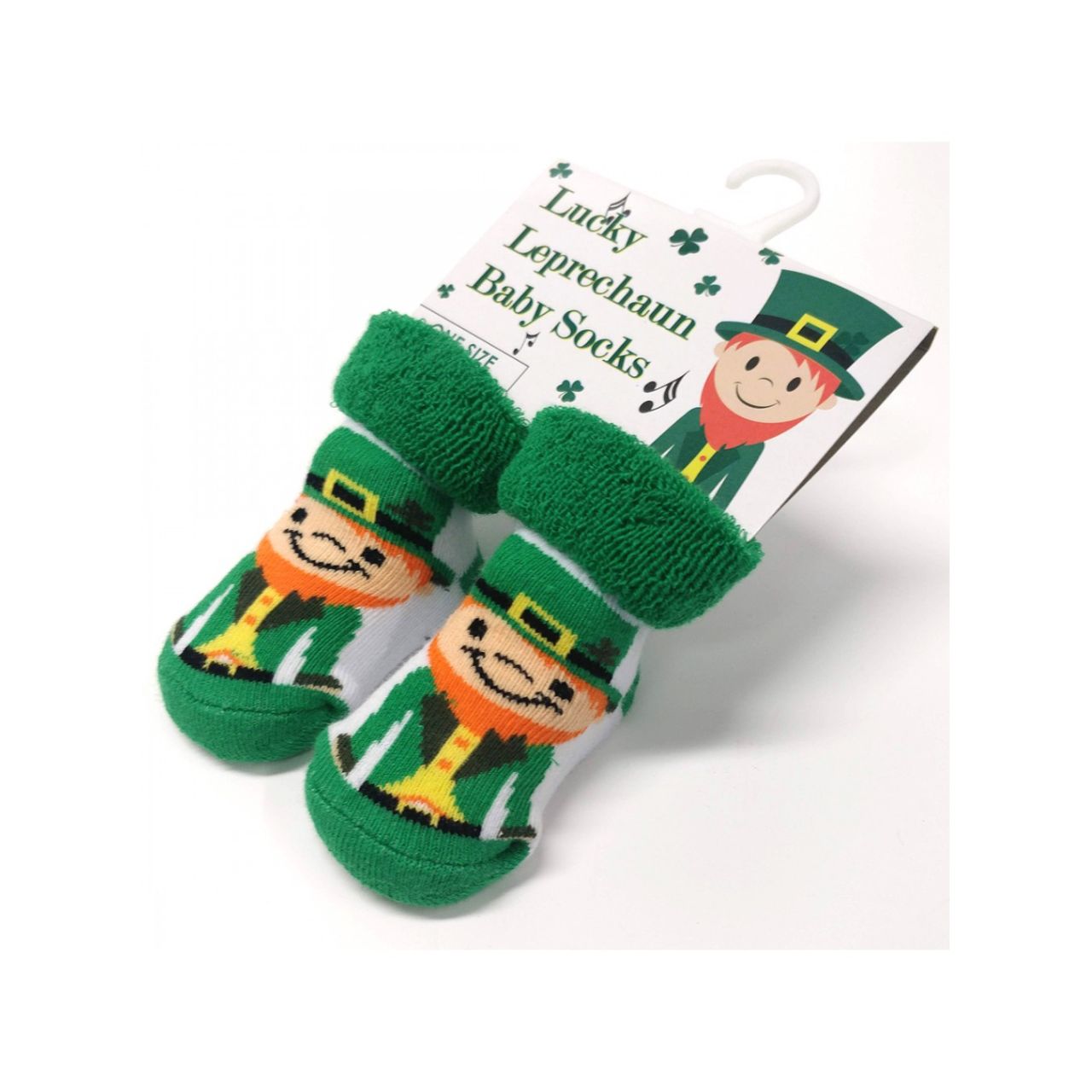 Green & White Leprechaun Toe Baby Booties  These fun green and white baby booties part of the Traditional Craft Official Collection. They feature a little leprechaun on each foot.
