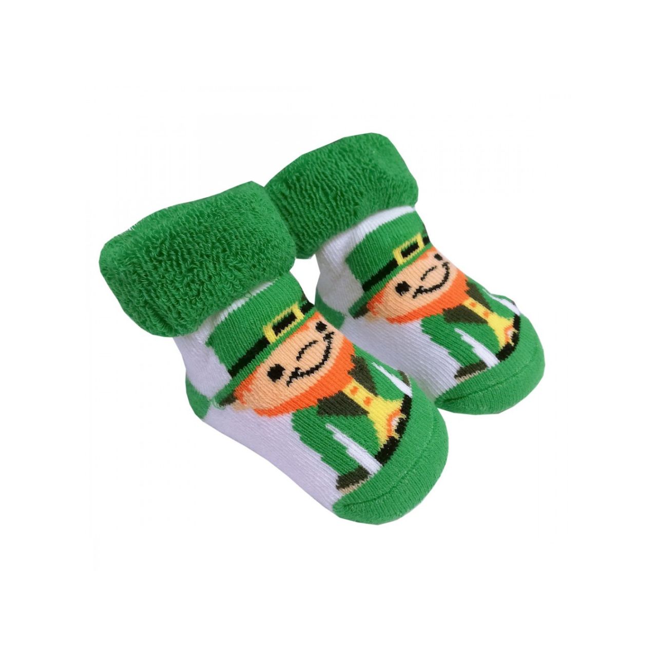 Green & White Leprechaun Toe Baby Booties  These fun green and white baby booties part of the Traditional Craft Official Collection. They feature a little leprechaun on each foot.