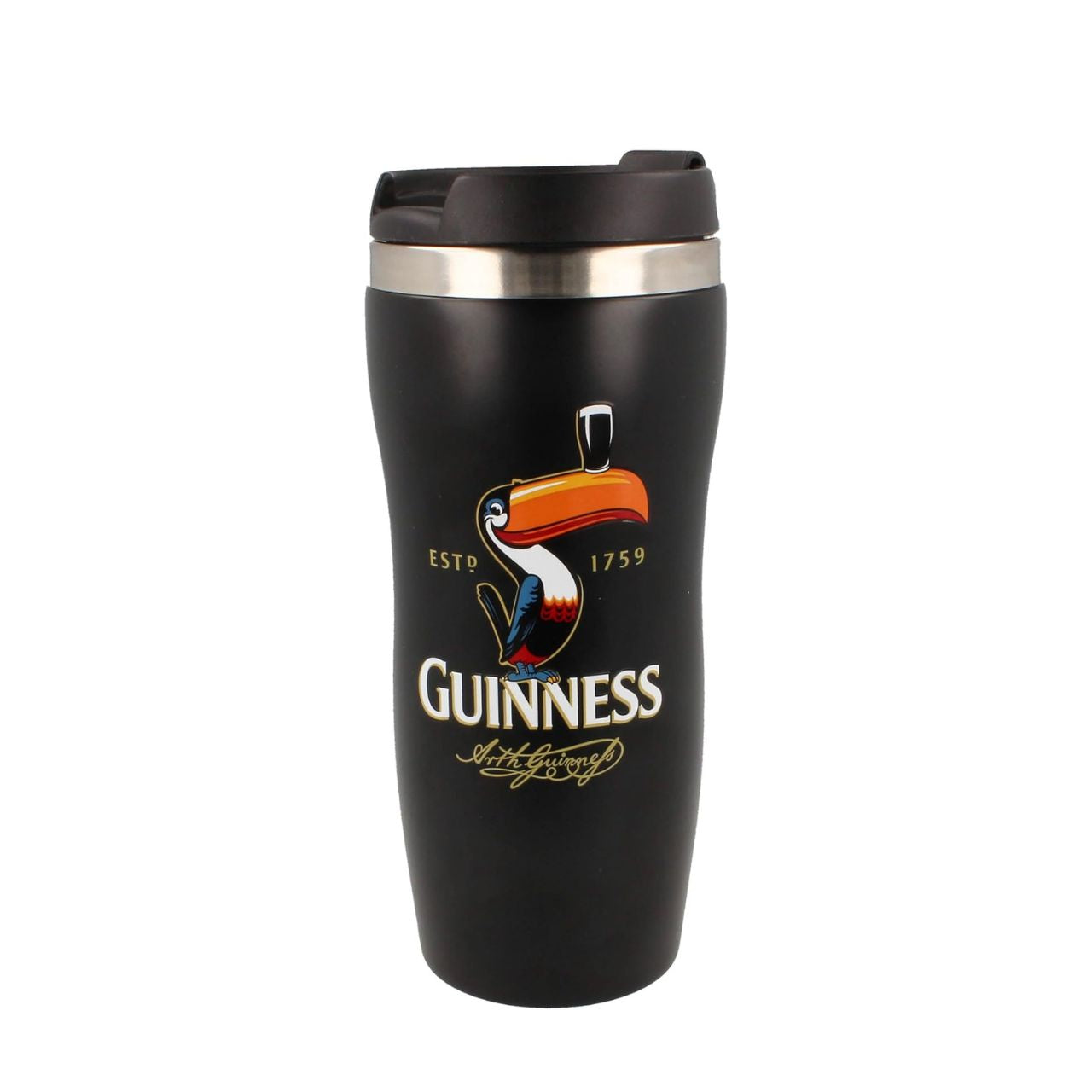 This Guinness Travel Mug Tumbler features a classic Toucan design. Its durable construction makes it perfect for on-the-go use, while its sleek design makes it a stylish accessory. Keep your beverages hot or cold for longer with this high-quality travel mug.