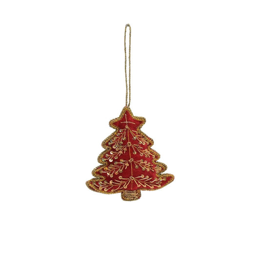 The padded velvet, tree shaped decoration showcases a striking red &amp; gold finish which complements the matching sequin embellishments and gold edging. It hangs from the tree using the attached gold string hanger.