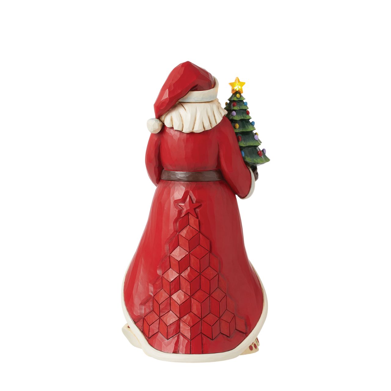 This impressive Santa figurine features a vintage style LED lit Christmas tree - perfect for any festive display. Batteries, not included. Part of the Heartwood Creek collection from Jim Shore. Comes in fully branded packaging.