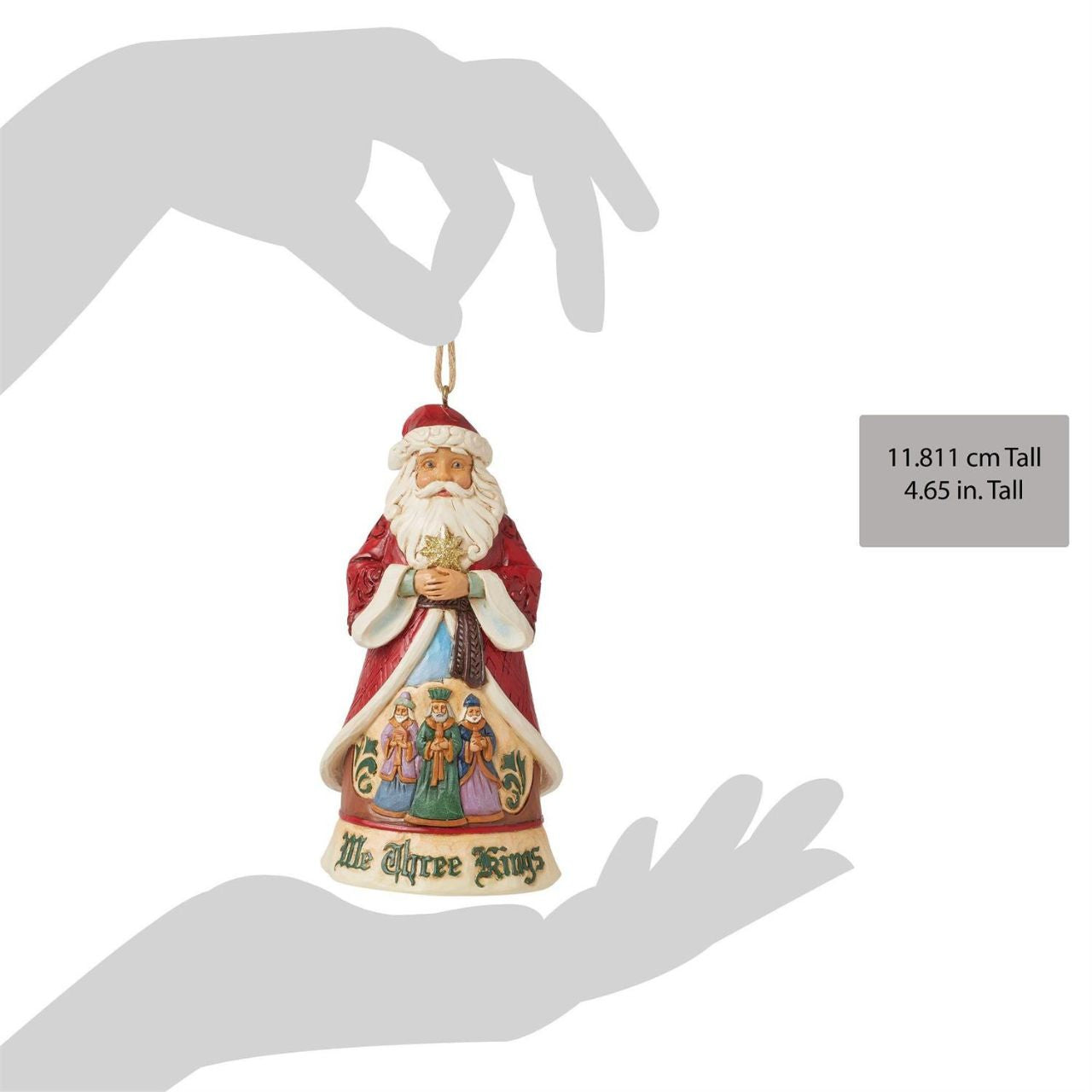 This 17th Annual Santa ornament by Jim Shore is of a series honouring Christmas songs. Three lavishly dressed kings create a colourful manger scene on Santa's robes. Santa sings along to We Three Kings emphatically, hands in gesturing in his ornate coat.