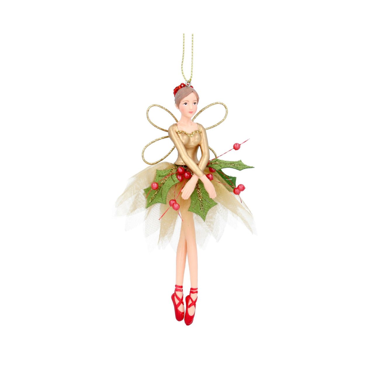 Enhance your holiday decorations with the Gisela Graham Red Green Gold Holly Fairy Hanging Christmas Ornament. Made with festive red, green, and gold colours, this hanging decoration features intricate holly fairy detailing that adds a touch of whimsy to your Christmas tree or garland. A perfect addition to your holiday collection.