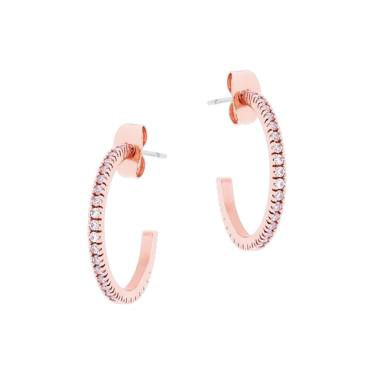 Hoop Earrings Pave Set Rose Gold by Tipperary  Introducing the Tipperary Hoop Earrings Pave Set Rose Gold—a stunning accessory crafted with rose gold material, pave set stones, and finished with a hoop closure to provide a secure fit. These earrings will add a sophisticated twist to any look.