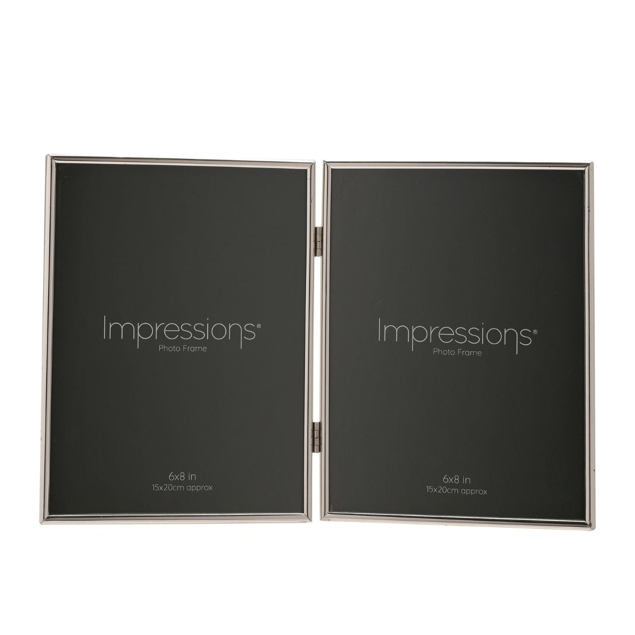 A beautifully simple silver plated hinged photo frame from IMPRESSIONS by Juliana. Featuring two 6" x 8" apertures and luxury black velveteen backing.