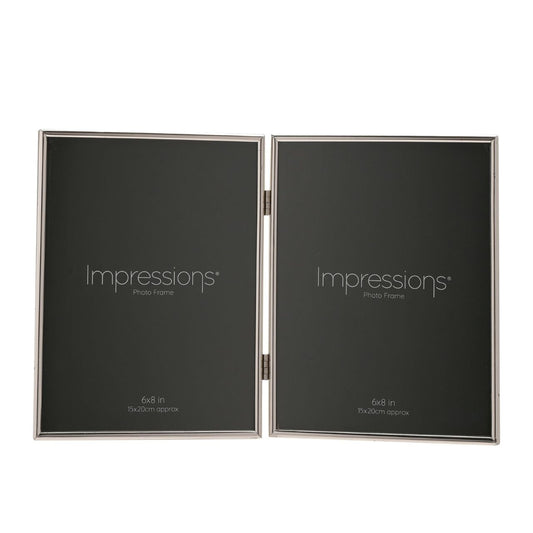 A beautifully simple silver plated hinged photo frame from IMPRESSIONS by Juliana. Featuring two 6" x 8" apertures and luxury black velveteen backing.