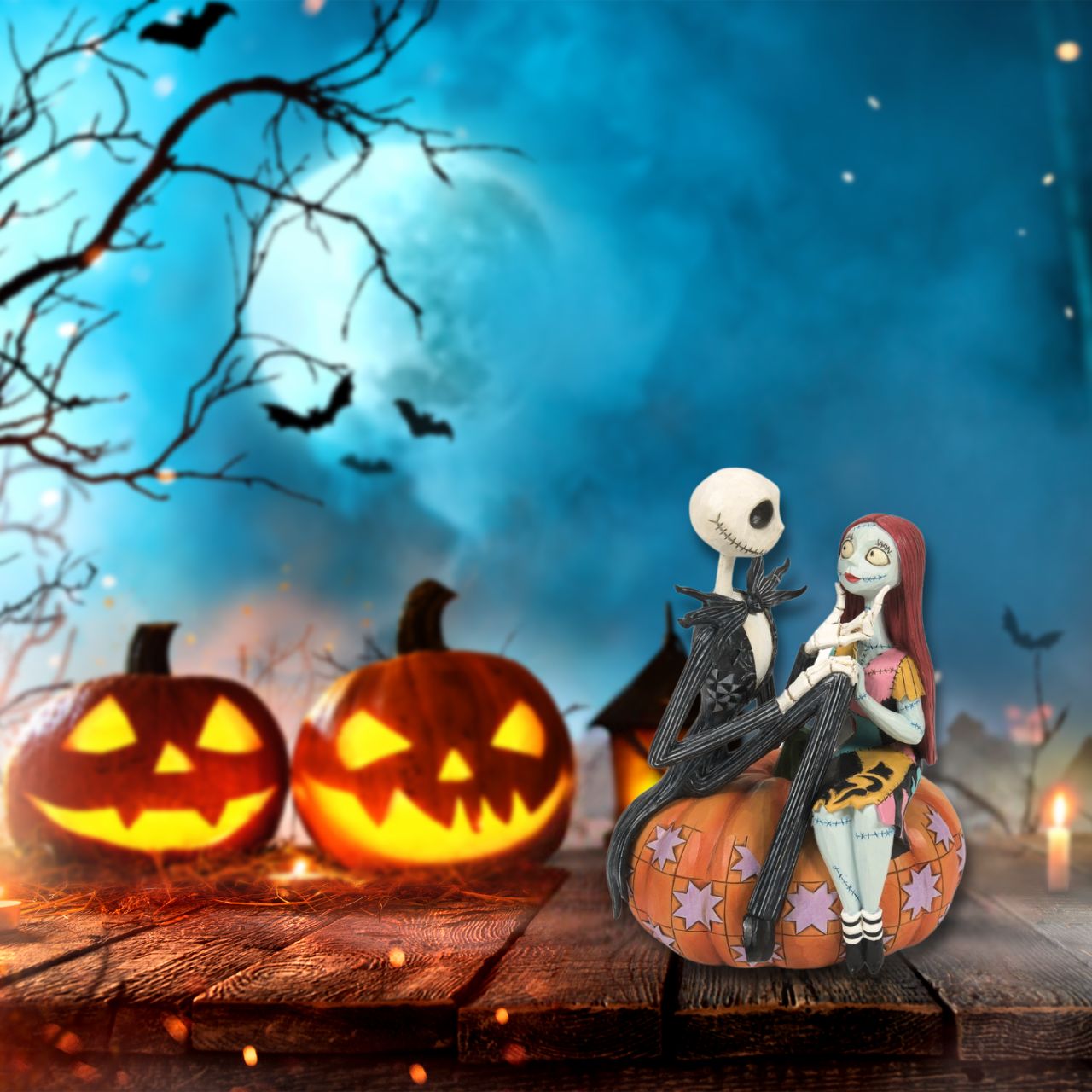 Jack and Sally sit atop a pumpkin in this Halloween themed figurine. The perfect gift for any Nightmare before Christmas fans or happy couples who love all things spooky. Designed by Jim Shore. Hand painted and hand carved. Comes in fully branded gift box.