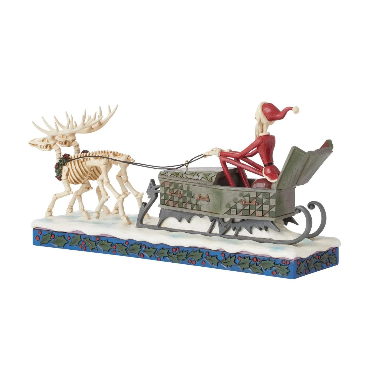 Straight from the silver screen to your home, is Jack from Nightmare Before Christmas. Dressed in his very own Sandy Claws outfit, atop his festively decorated coffin sleigh, he is pulled through the night by two skellington reindeer - not the usual sight you'd see on Christmas Eve. 