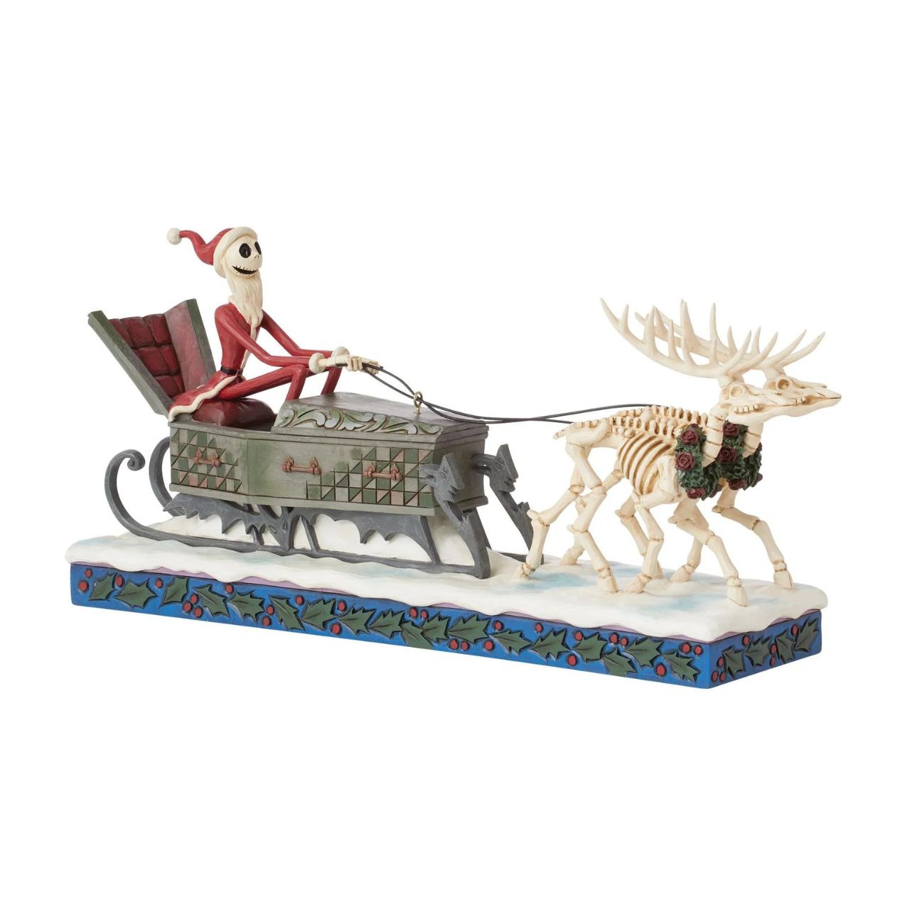 Straight from the silver screen to your home, is Jack from Nightmare Before Christmas. Dressed in his very own Sandy Claws outfit, atop his festively decorated coffin sleigh, he is pulled through the night by two skellington reindeer - not the usual sight you'd see on Christmas Eve. 