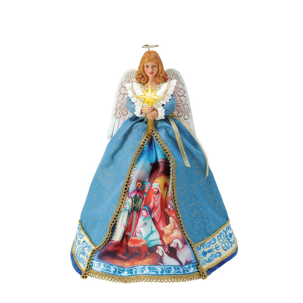 Celebrate the Nativity this Christmas with this beautiful hand-crafted Angel Tree Topper by Jim Shore. Decorated on the Angel's dress is the Holy scene of the Nativity. An all time favourite when it comes to traditional Christmas decorations.