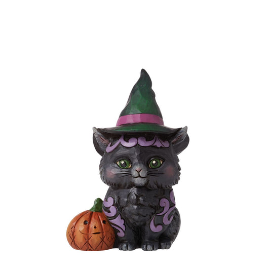 Designed in the iconic style of Jim Shore, this sweet black cat mini features a fabulous witch's hat and is accompanied by a happy pumpkin. Hand painted in high quality cast stone. Designed by award-winning artist and sculptor Jim Shore for Heartwood Creek.