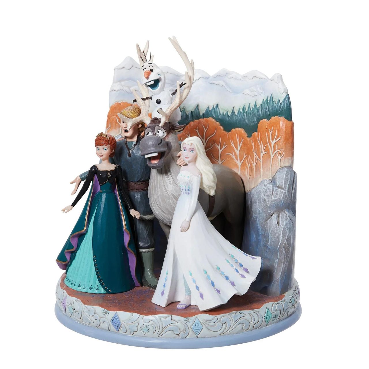 Disney Traditions Connected Through Love Frozen 2  A beautiful piece from the award winning artist Jim Shore. This carved by heart has been hand crafted and hand painted in Jim's unique style and features the firm friends, Elsa, Anna, Olaf, Kristoff and Sven from Frozen 2.