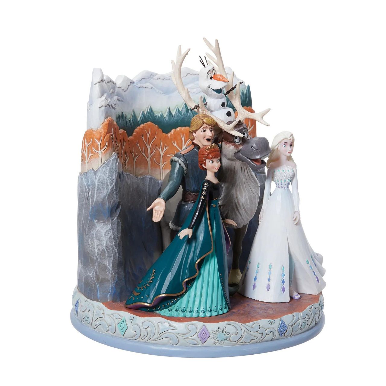 Disney Traditions Connected Through Love Frozen 2  A beautiful piece from the award winning artist Jim Shore. This carved by heart has been hand crafted and hand painted in Jim's unique style and features the firm friends, Elsa, Anna, Olaf, Kristoff and Sven from Frozen 2.