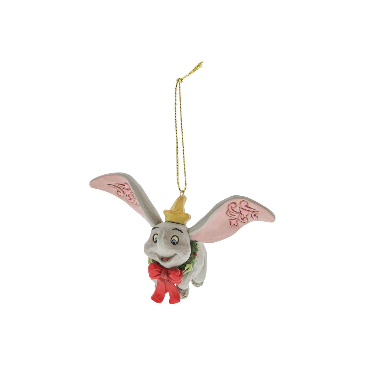 Dumbo, the sweetest elephant with the largest ears, dons a Christmas wreath to help deliver presents this season. Already gifted with the power of flight, he'll make a lovely reindeer for Santa's sleigh in this Jim Shore classic bauble.