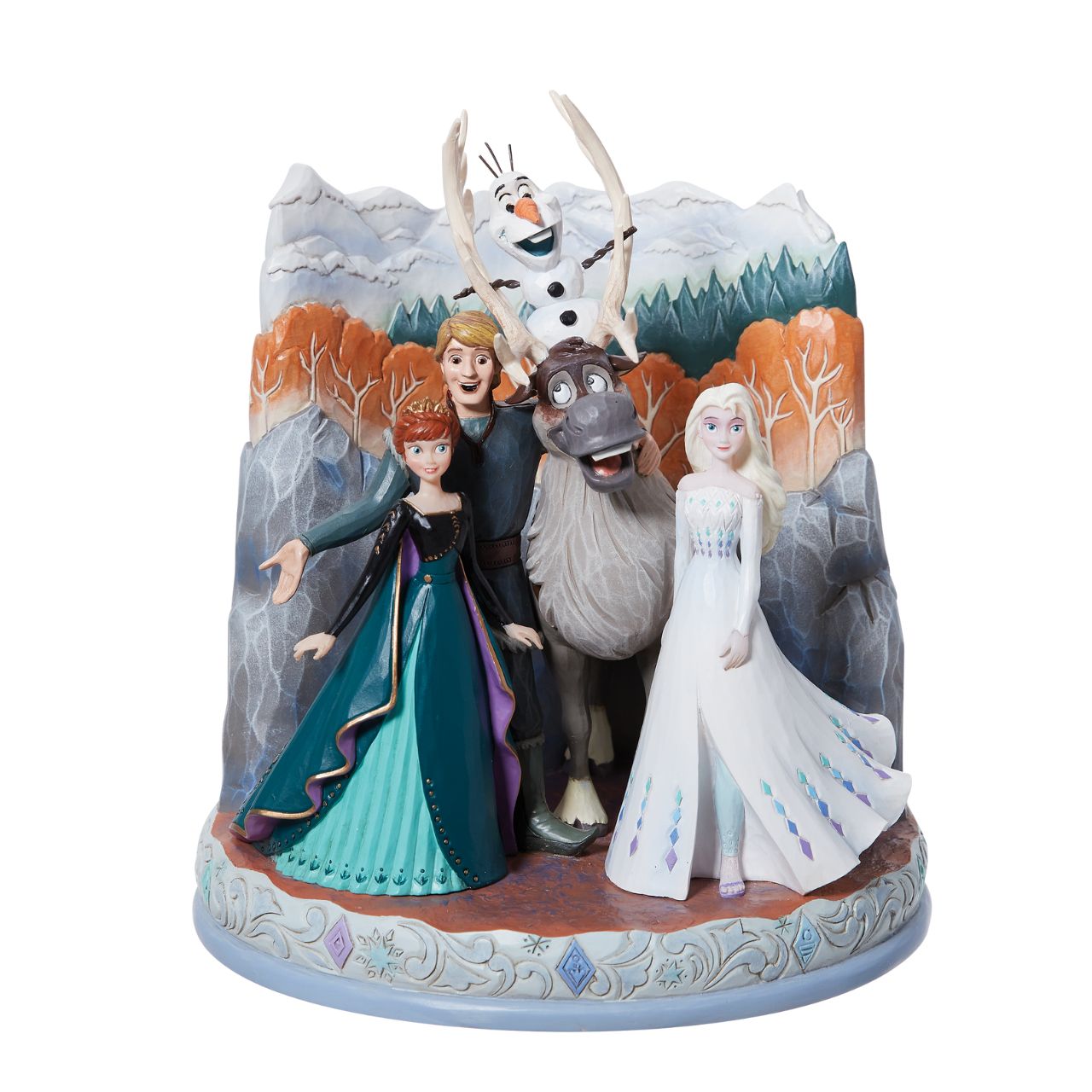 Disney Traditions Connected Through Love Frozen 2  A beautiful piece from the award winning artist Jim Shore. This carved by heart has been hand crafted and hand painted in Jim's unique style and features the firm friends, Elsa, Anna, Olaf, Kristoff and Sven from Frozen 2.