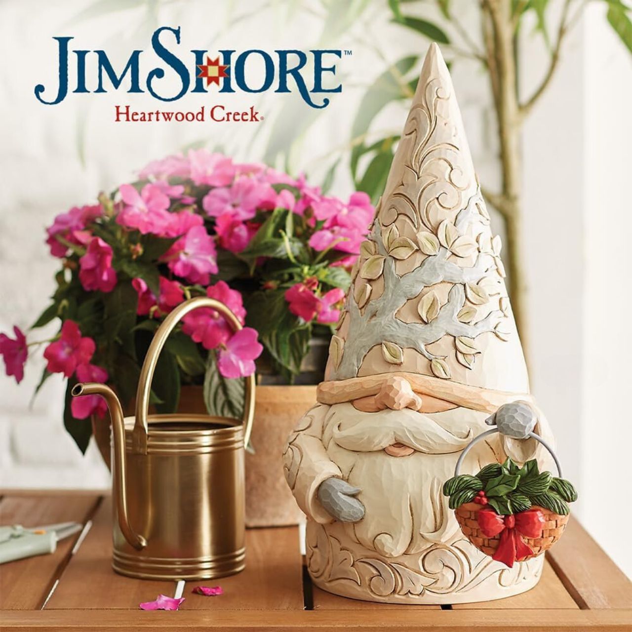 Jim Shore Heartwood Creek Four Seasons Set includes Gnome Statue with Four Interchangeable baskets for seasons suitable for indoor or outdoor display. Beautifully hand-painted and crafted with intricate styling and attention to detail.