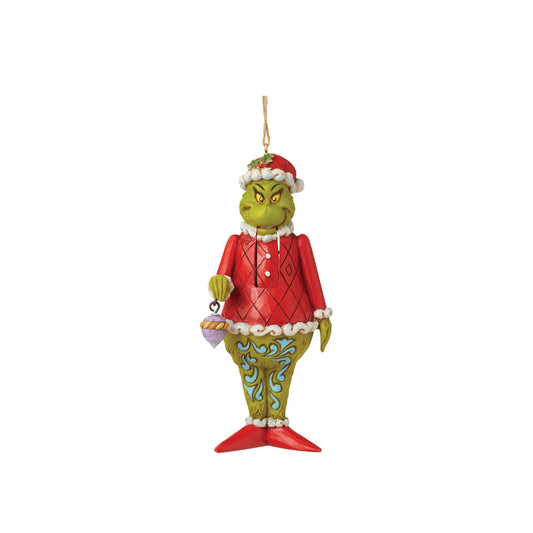 Marrying two beloved holiday figures, Jim Shore creates a bauble that captures the Grinch in all his glory. With holly brimmed in his Santa hat, no one dares kiss this Christmas Nutcracker for fear of being cracked across the face| Packaged in a gift box with photo.